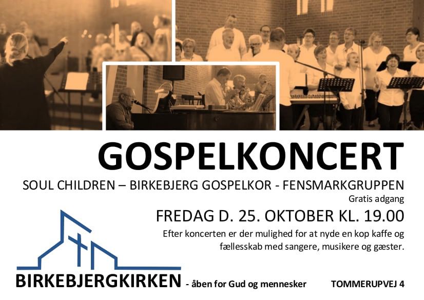 Mængder af gospel - børnekoret SoulChildren - Birkebjerg gospelkor og Fensmarkgruppen<br />Kom og få en god start på weekenden!<br />Birkebjergkirken, Tommerupvej 4, 4700 Næstved